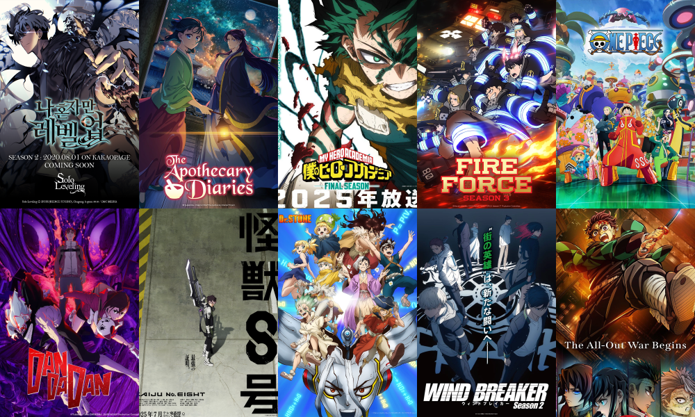 upcoming anime for 2025, 2025 new anime, solo levelling season 2, apothecary diaries season 2, my hero academia final season, fire force season 3, one piece season 21, dandadan season 2, kaiju no.8 season 2, dr stone science future, wind, breaker season 2, demon slayer: infinity castle arc,