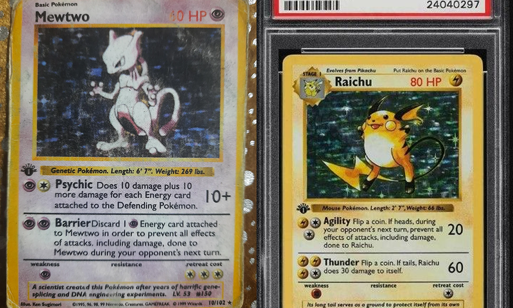 first edition pokemon cards, early print pokemon cards, mewtwo original card, raichu original card