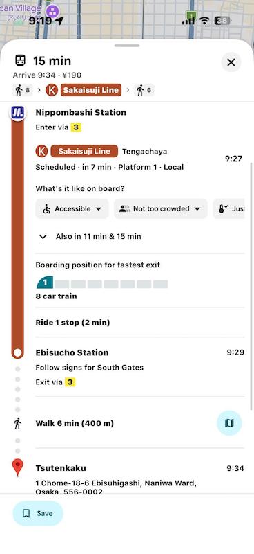 Google Maps transit directions and platform navigation in Osaka