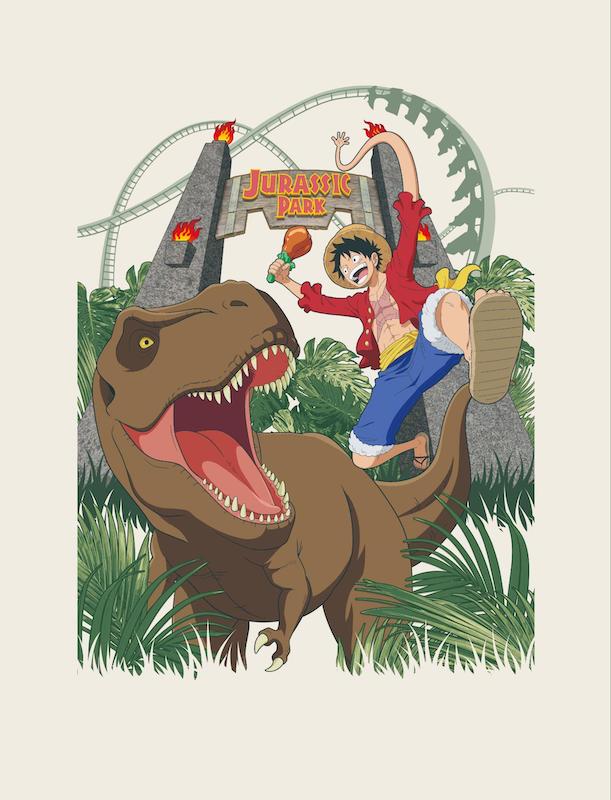 Universal Studios Japan 25th anniversary anime merchandise featuring One Piece Luffy and Jurassic Park T-Rex