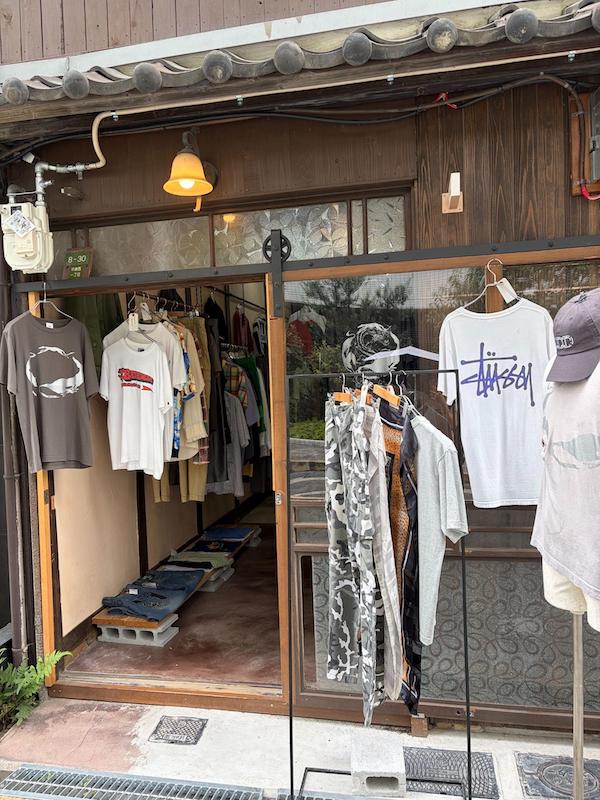 Traditional Japanese wooden storefront converted into a vintage streetwear and t-shirt shop